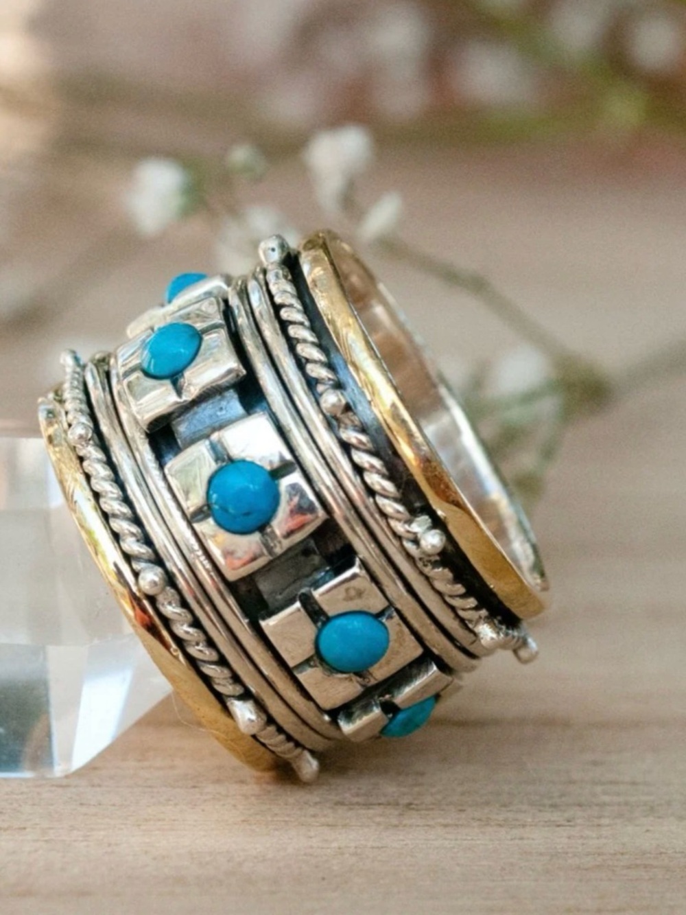 Boho Silver and Turquoise Spinner Ring with Gold Accents